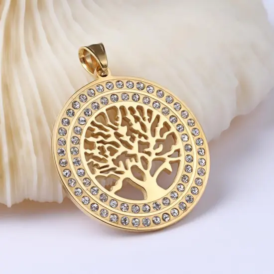 40mm Gold Plated Stainless Steel Rhinestone Tree of LIfe Pendant {4}