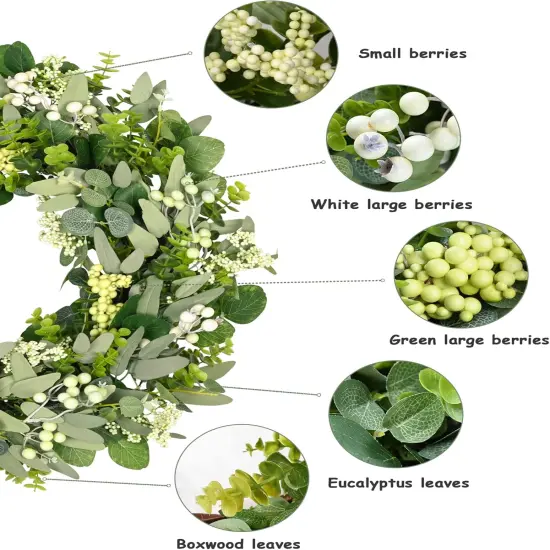 Green Eucalyptus Leaf Wreath, 24 Inch Artificial Spring Summer Wreaths for Front Door Decor Boxwood Wreath with Big Berries, Farmhouse Greenery Wreath Outside Year Round - Indoor/Outdoor {3}