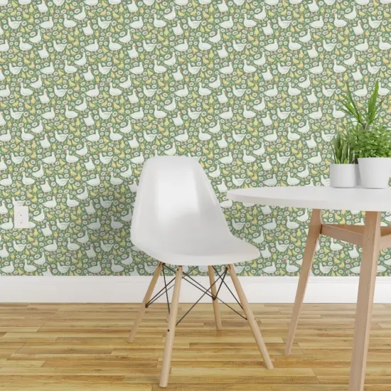 Pre-Pasted Wallpaper 2FT Wide Cottage Duck Cottage Floral Whimsical Duckling Fun Cute Happy Cheerful Bright Pastel Dark Sage Green Blush Pink White Boho Baby Custom Pre-pasted Wallpaper by Spoonflower 18008281 {1}