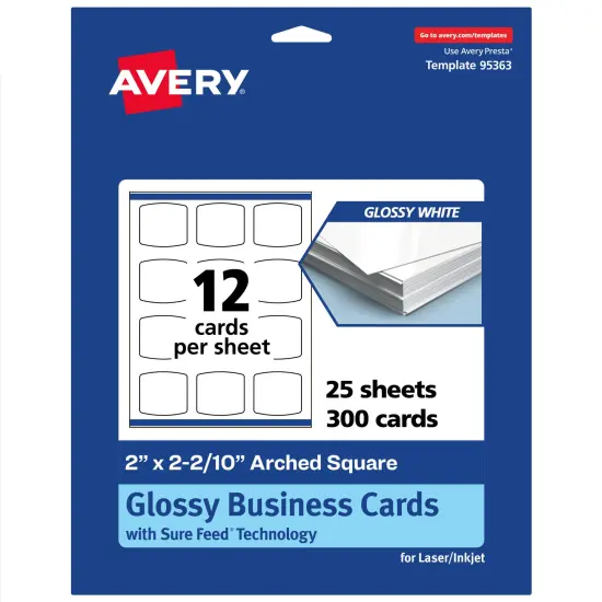Avery Printable Arched Square Business Cards, Sure Feed Technology, 2" x 2-2/10", Glossy White Cardstock, Print-to-The-Edge, Laser/Inkjet Printable, 120 Total {1}