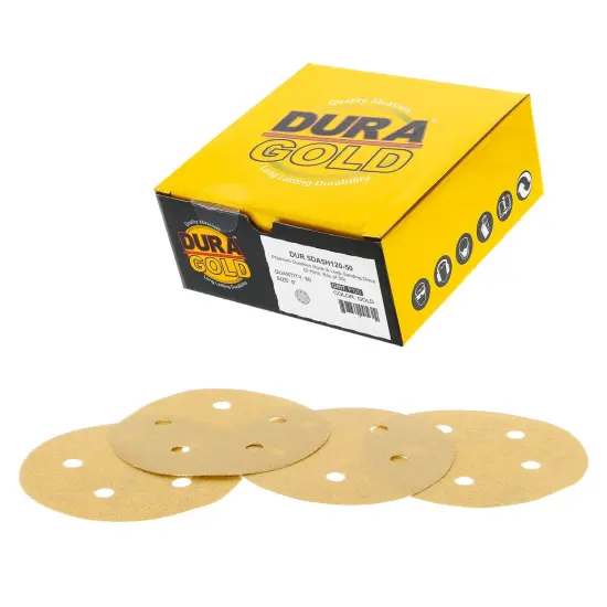 120 Grit - 5" Gold DA Sanding Discs - 5-Hole Pattern Hook and Loop - Box of 50 {1}