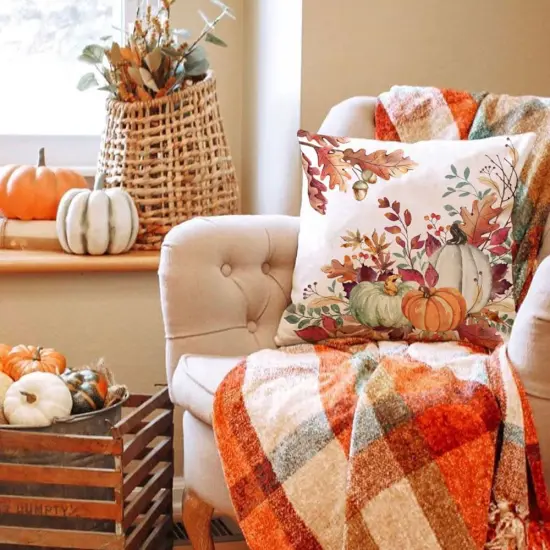 Orange White Pumpkin Fallen Leaves Decorative Outdoor Throw Pillow Covers {4}