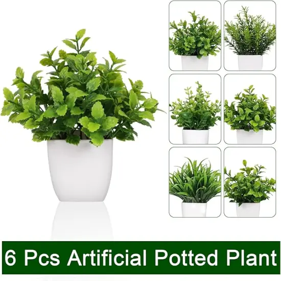 6 Pot Small Fake Plant Flowerpot Artificial Plastic Eucalyptus Plant Wheat Grass Shrub Plant Indoor Desk Coffee Table Bathroom Bedroom Home Decoration (6) {2}