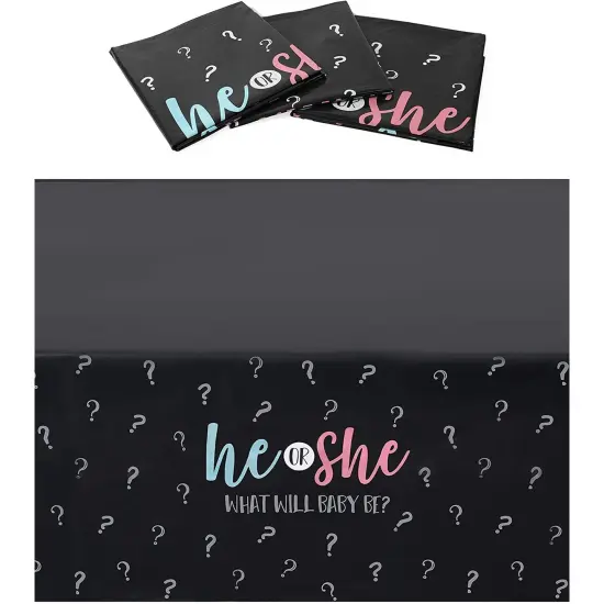 Gender Reveal Party Plastic Tablecloth, He or She (54 x 108 in, 3 Pack) Black {1}