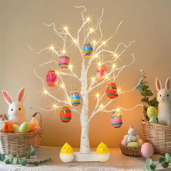 Easter Decorations, Easter Tree with 10pcs Eggs Ornaments, Lighted White Birch Tree with Timer Battery Powered, Twig Tree Tabletop Centerpiece Spring Decorations for Home Kids (2FT/24 LED) {5}