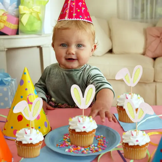 24 Pack Easter Bunny Ear Cupcake Toppers, Yellow Glitter Rabbit Ears Cupcake Picks, Easter Day Cake Toppers for Easter Theme Spring Birthday Baby Shower Party Supplies {3}