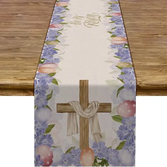 He is Risen Table Runner Easter Egg Spring Jesus Ressurrection Cross Home Kitchen Dining Room Decoration (13" x 72") {1}