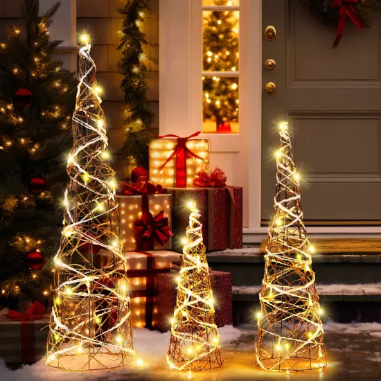 Set of 3 Lighted Rattan Cone Trees with LED Lights and Metal Frame {3}