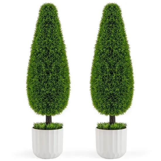 Green 2 Pack 35"H Artificial Cedar Teardrop Shaped Bush with Plastic Nursery Pot {1}