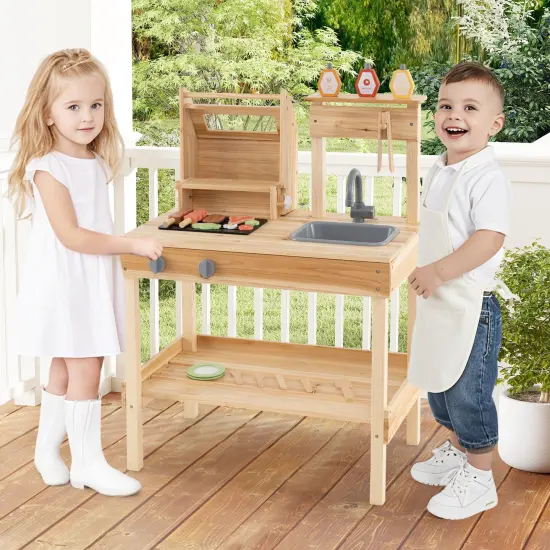 Natural Wood Barbecue Grill Playset with Play Food and Open Storage Shelves {2}