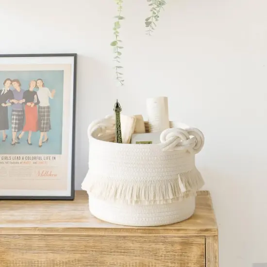 Small Woven Storage Baskets Cotton Rope Decorative Hamper for Diaper, Blankets, Magazine and Keys, Cute Tassel Nursery Decor - Home Storage Container &ndash; 9.5'' x 7'' Off-white {3}