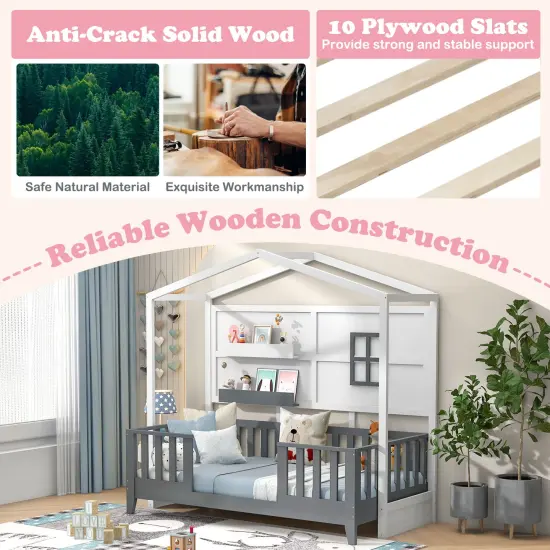 Twin Wood House Bed Montessori Floor Bed with 2 Shelves and Guardrails-Gray & White {6}