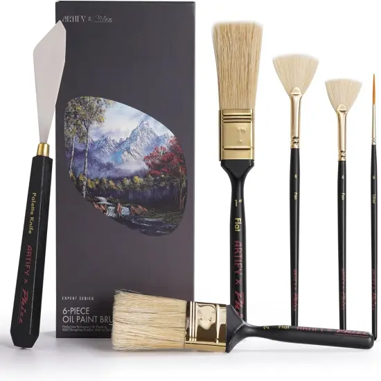 Artify Artist Paint Brush Set endorsed by Painter Phizz, 6-Piece Wet-on-Wet Oil Paint Brush Set with 5 Brushes and 1 Palette Knife for Artists, Landscapes, and Portraits {1}