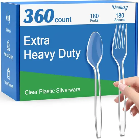 360 Count Extra Heavy Duty Clear Plastic Forks and Spoons, 180 Forks & 180 Spoons, Heat Resistant, Disposable Plastic Silverware, Disposable Spoons and Forks Set Plastic {1}