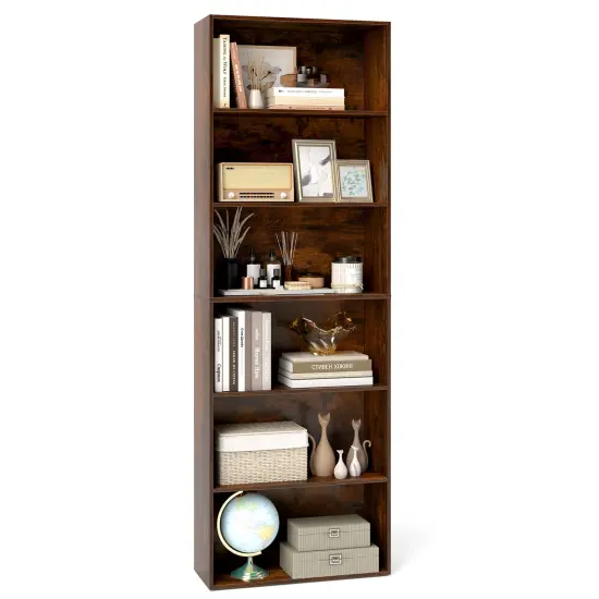 6-Tier Bookcase with 6 Open Shelves and Anti-Toppling Kits Rustic Brown {4}
