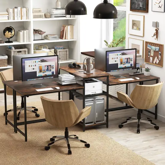 2-Person Computer Desk with Power Outlet and Printer Stand-Rustic Brown {1}