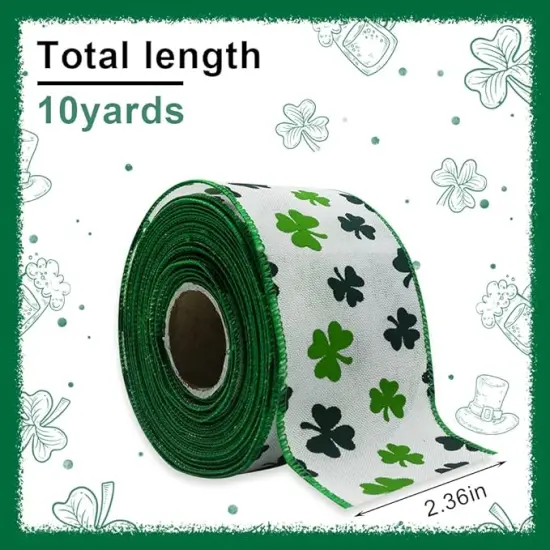 Saint Patrick's Day Fabric Ribbons, Green Clovers Edge Wired Burlap Ribbon for St Patrick Day Decor Irish Hanging Wrapping Party Gift Decoration Outdoor Crafts Supplies (2.5 Inch * 10 Yards * 1 Roll) {2}