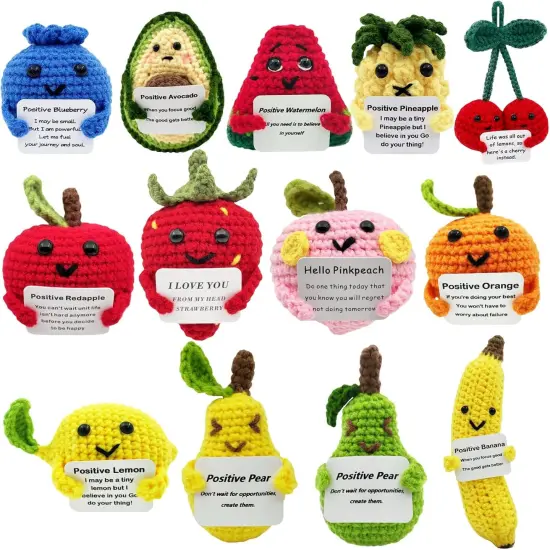 13Pcs Positive Fruit Potato Mini Crochet Animals Emotional Cheer Up Support Doll Cute Toy with Inspirational Card {1}