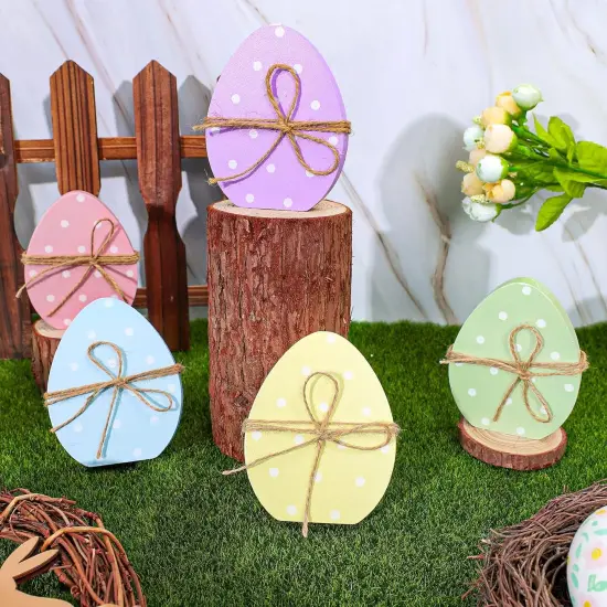 5Pcs Easter Egg Wooden Table Decor Polka Dots Egg Table Centerpieces Cute Spring Easter Standing Egg Wood Signs Easter Tiered Tray Tabletop Decoration with Rope for Home Party Decor {5}