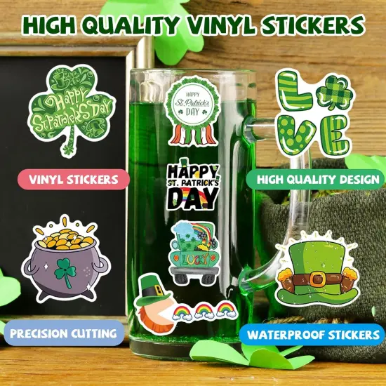 105 PCS St Patricks Day Stickers, Vinyl Waterproof Shamrock Stickers Irish Day Decals {4}