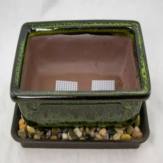 8" Rectangular Moss Green Bonsai Cactus Succulent Pot + Tray + Rock + Mesh Combo {2}