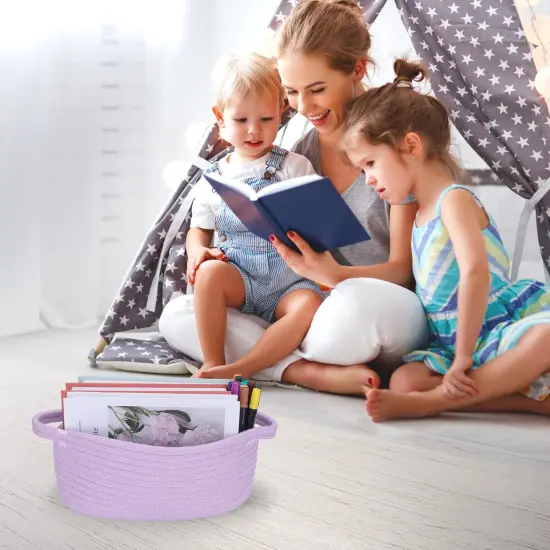 Small Woven Basket Cute Oval Cotton Rope Gifts Basket with Handle Empty Baby Wicker Storage Basket Nursery Box Bin Kids Organizer Cat Dog Toy Basket Easter Basket Light Purple Lavendor {2}
