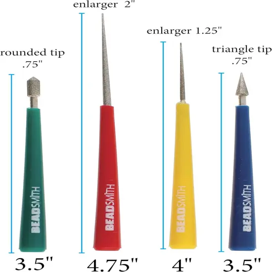 The Beadsmith 4-Piece Diamond Tipped Bead Reamer Set, Color Coded Plastic Handles, Remove Burrs, Enlarge Holes, Smooth Edges {3}