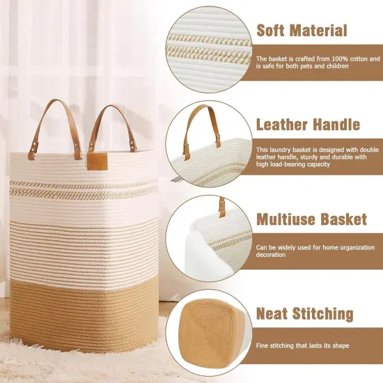 Large Laundry Hamper &ndash; 75 L Tall Woven Cotton Storage Basket with Leather Handles, Slim Dirty Clothes Hamper, Decorative Storage Basket {2}