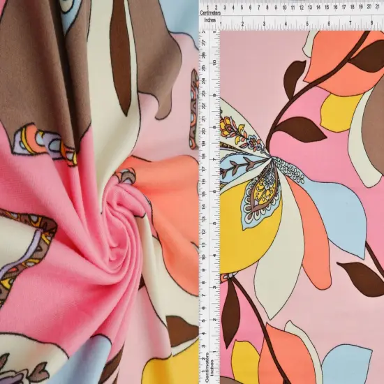 Soft Floral Garden Brushed DTY Knit Fabric Stretch Material 58/60" Wide PINK YELLOW {6}