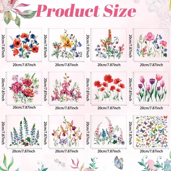 12 Sheets Iron on Decals - Watercolor Transfers for Clothing, Heat Transfer Stickers, Spring Appliques for T-Shirts Jackets DIY Art Decor(Flower) {1}