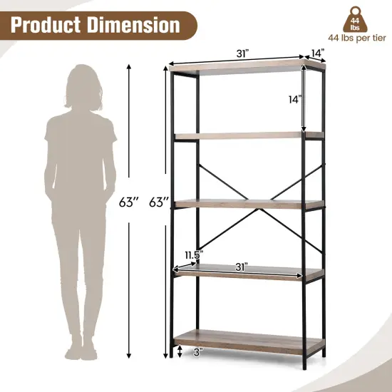 Costway 5-Tier Rustic Industrial Bookshelf Wood Display Storage Rack with Metal Frame Grey {4}