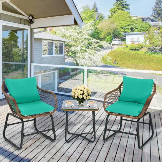 Costway 3PCS Patio Rattan Bistro Set Cushioned Chair Glass Table Deck White\Turquoise {7}
