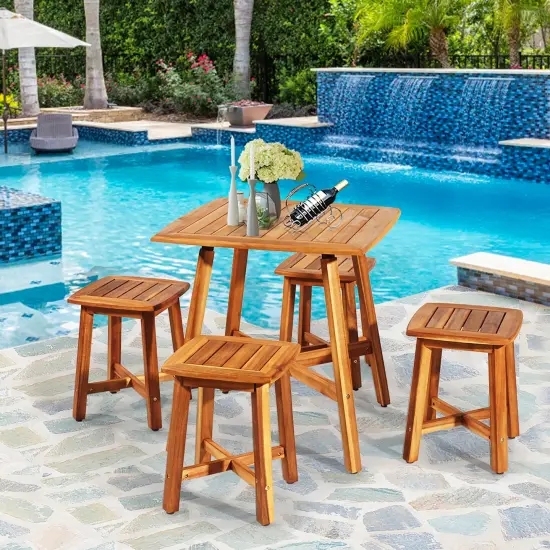 Costway 5PCS Acacia Patio Dining Set W/Square Table & 4 Stools Reddish Brown {2}