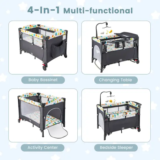Honeyjoy 5-in-1 Baby Crib with Adjustable Height Soft Mattress Portable Pack Play with Music Black/Grey {5}
