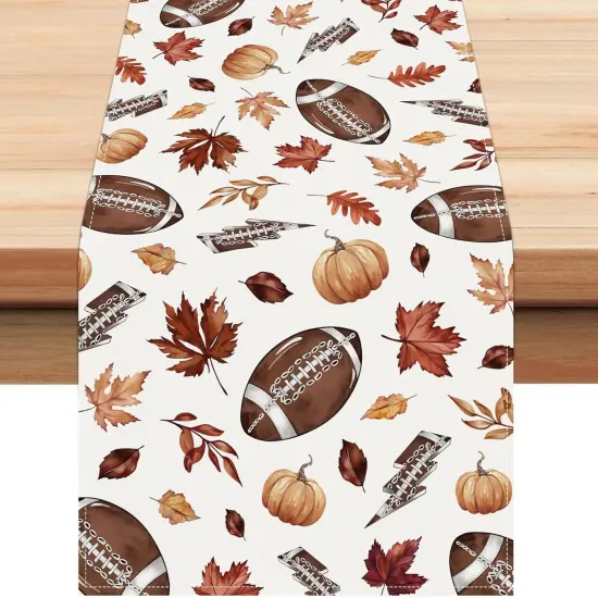 Fall Football Table Runner 13x72 Inch Rugby Pumpkin Maple Leaf {1}