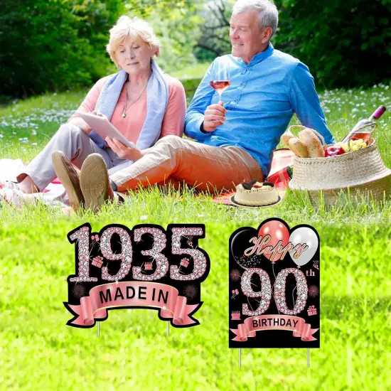 2Pcs Rose Gold 90th Birthday Yard Sign Decoration for Women, Happy 90th Birthday Made in 1935 Lawn Sign Party Supplies, Ninety Year Old Yard Decor Stakes {4}