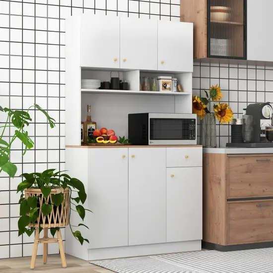 Costway 71" Tall Pantry Cabinet with Outlets USB Ports Anti-Tipping Kits Adjustable Shelves White {8}