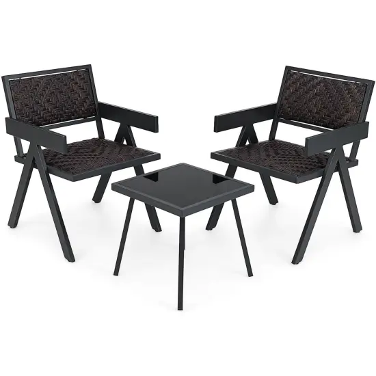 Costway 3 PCS Patio Wicker Chair Set, Rattan Furniture Set with Quick Dry Foam Padding {2}
