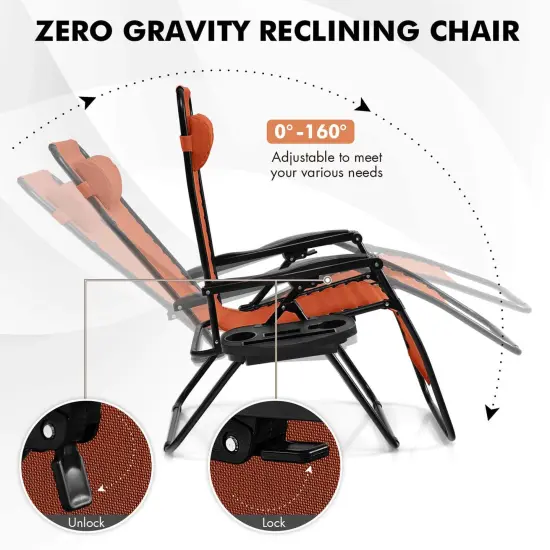 Costway Folding Zero Gravity Reclining Lounge Chairs Beach Patio with Utility Tray Orange {6}
