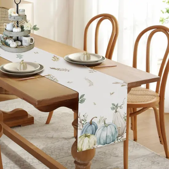 Fall Pumpkins Eucalyptus Leaves Table Runner, 13x72 Inch Thanksgiving Table Runner {3}