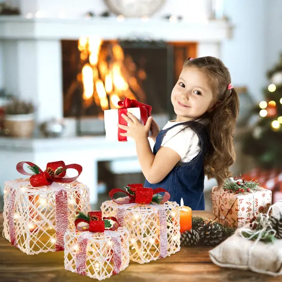 Costway Set of 3 Christmas Lighted Gift Boxes, Indoor Present Box Holiday Decoration {4}