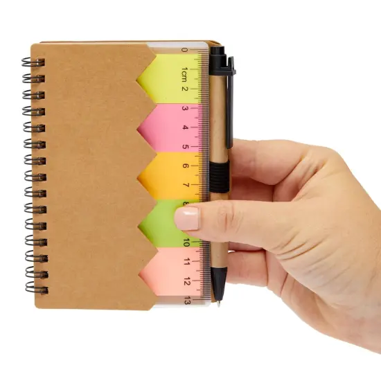 6 Pack Pocket Notebook with Pen - Small Spiral Steno Notepads Bulk with Sticky Tabs and Ruler - Kraft Paper Cover (4 x 5.5 In) Brown {6}