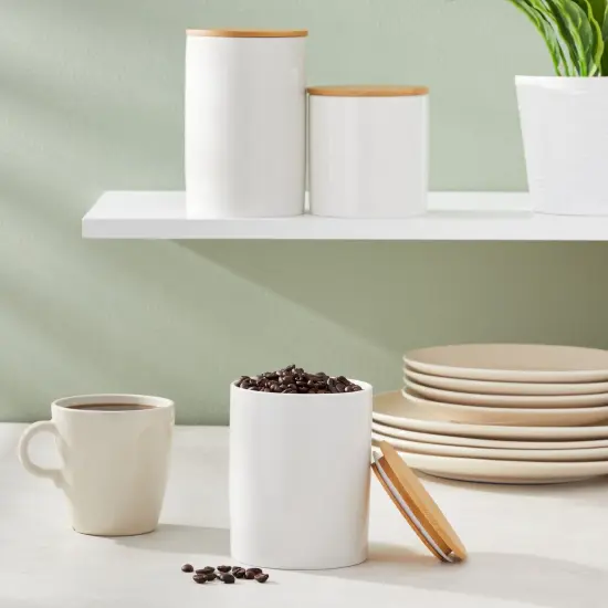 Farmlyn Creek Set of 3 White Ceramic Canisters with Airtight Wooden Bmaboo Lids, Kitchen Counter Containers, Food Storage Jars, Ideal for Storing Sugar, Coffee, Snacks and Other Dry Goods, (3 Sizes) {2}