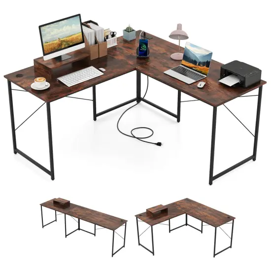 Costway L-Shaped Reversible Computer Desk 2-Person Long Table w/Monitor Stand {9}