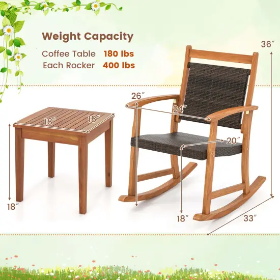 Costway 3PCS Patio Rattan Rocking Chair Bistro Set Acacia Wood Frame Armrest {3}