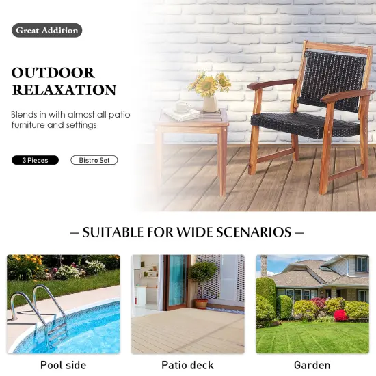 Costway 3PCS Patio Rattan Bistro Set Acacia Wood Frame Armrest Chairs Garden {4}