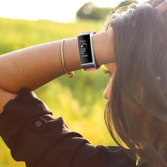 Insten Fabric Watch Band Compatible with Fitbit Charge 3, Charge 3 SE, Charge 4, and Charge 4 SE, Fitness Tracker Replacement Bands for Men and Women, Rose Red Pink {5}