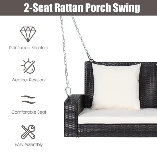 Costway 2-Person Patio Rattan Hanging Porch Swing Bench Chair Cushion Beige\Black\Red\Turquoise {6}