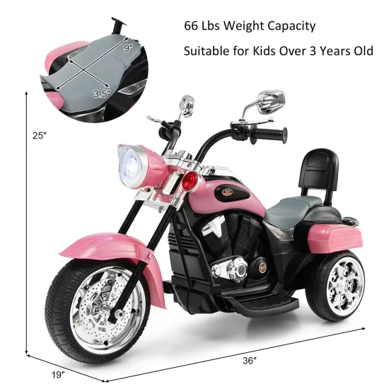 Costway 3 Wheel Kids Ride On Motorcycle 6V Battery Powered Electric Toy Blue/Pink/White/Red {3}