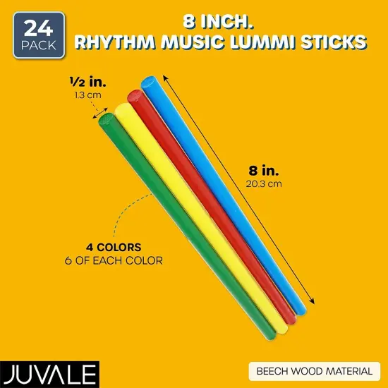 Juvale 24 Pack Bulk Rhythm Sticks for Kids Ages 3-14, 8-Inch Wooden Lummi Stick Music Toys, Classroom Preschool Percussion Instruments, 4 Colors {6}